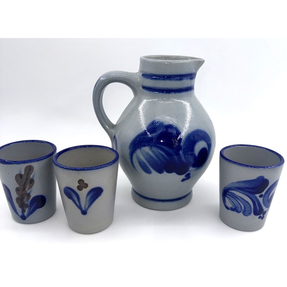 Pitcher &‎ 3 Cups Set German Girmscheid Salt Glazed Pottery Wine Jug Barware VTG
